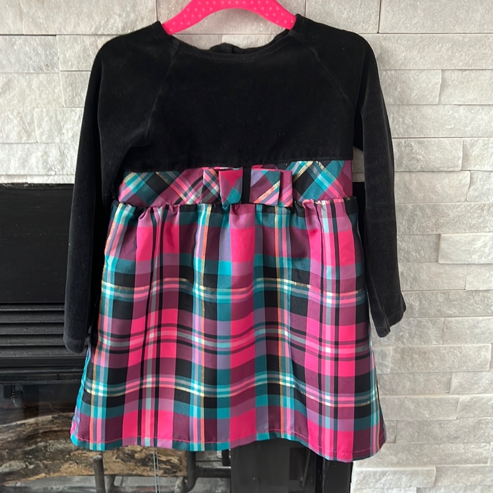 Plush black and polyester long sleeve empire waist dress with front bow, 4T